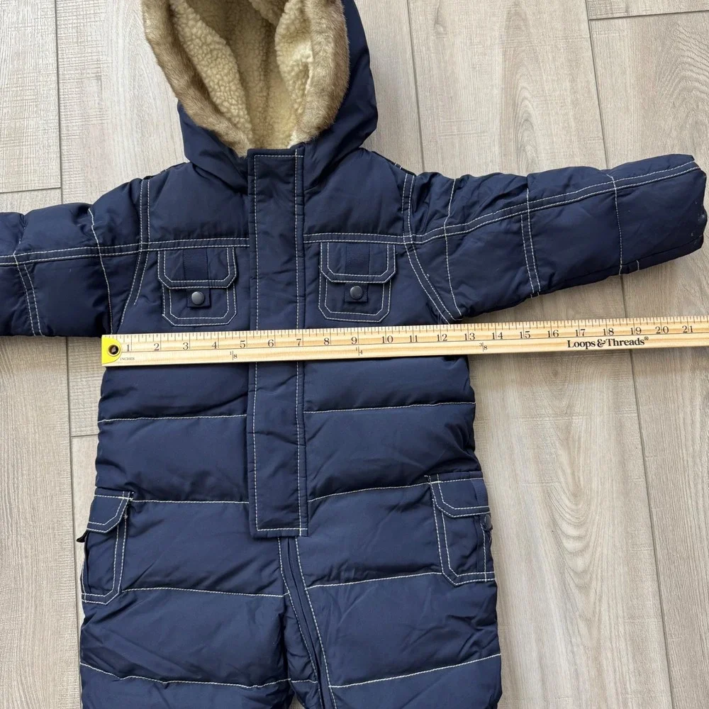 BabyGap Puffer Snowsuit Baby 6-12 Months Navy Blue Faux Fur Hood Down Fill